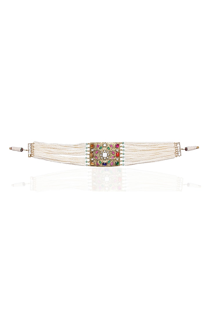 Gold Plated Navratna Stone Choker Necklace by Preeti Mohan at Pernia's Pop Up Shop