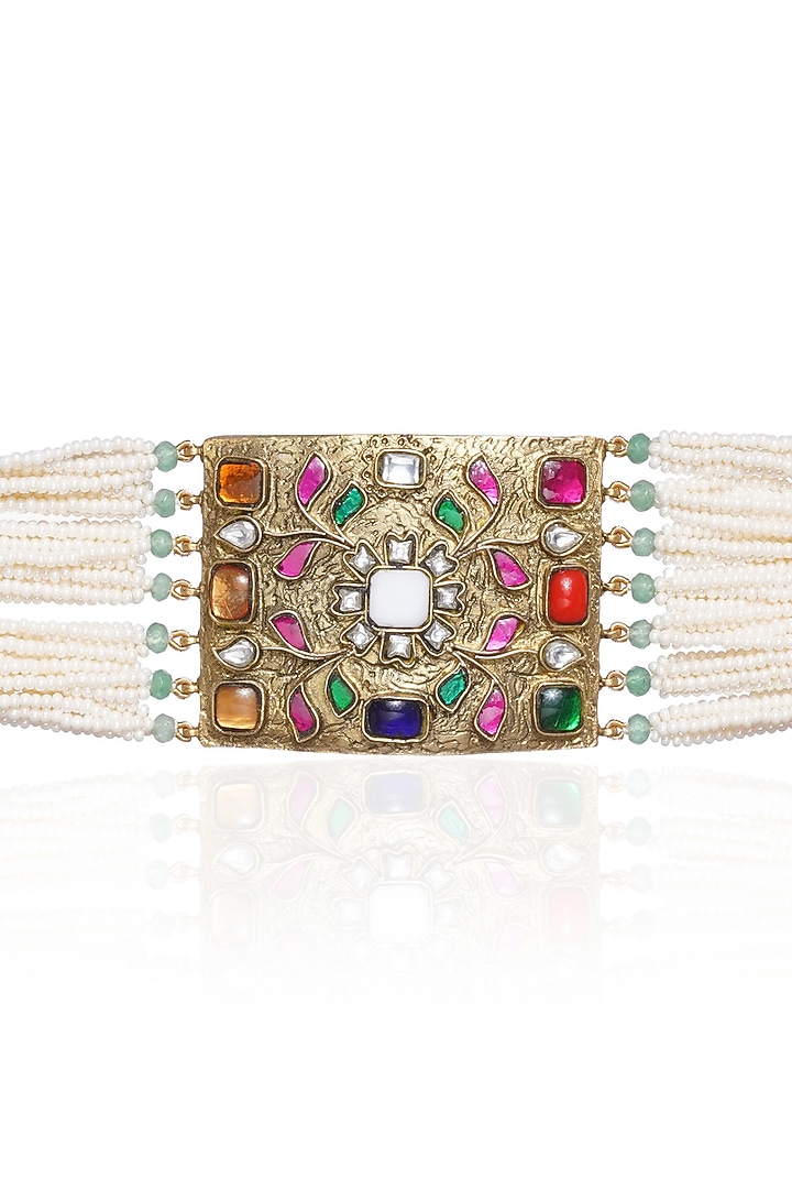 Gold Plated Navratna Stone Choker Necklace by Preeti Mohan at Pernia's Pop Up Shop