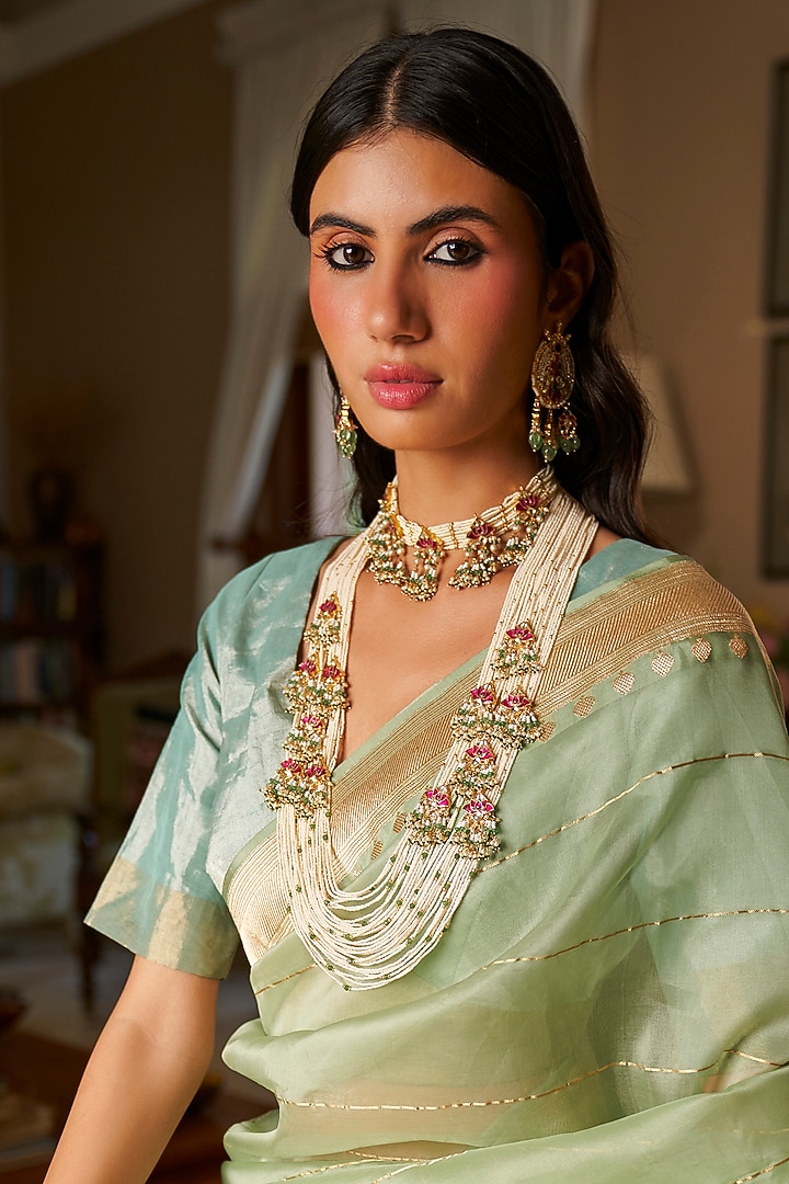 Gold Plated Green Onyx & Pearl Long Necklace Set by Preeti Mohan at Pernia's Pop Up Shop