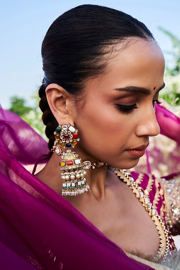 Gold Plated Green Onyx & Pearl Jhumka Earrings by Preeti Mohan at Pernia's Pop Up Shop
