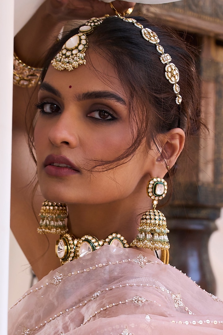 Gold Plated Green Onyx & Pearl Jhumka Earrings by Preeti Mohan at Pernia's Pop Up Shop