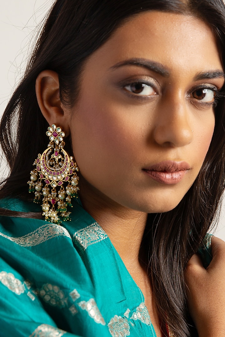 Gold Plated Green Onyx & Pearl Chandbali Earrings by Preeti Mohan at Pernia's Pop Up Shop