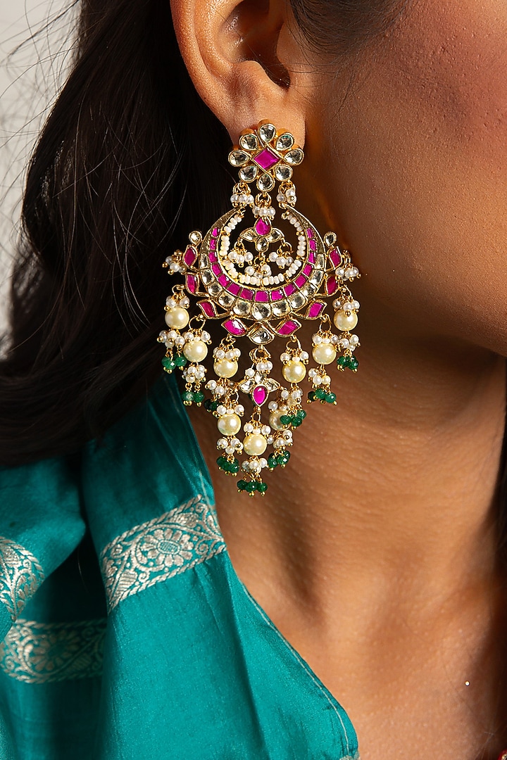 Gold Plated Green Onyx & Pearl Chandbali Earrings by Preeti Mohan at Pernia's Pop Up Shop