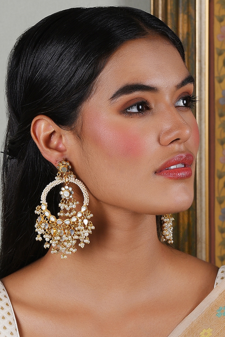 Gold Plated White Pearl Chandbali Earrings by Preeti Mohan at Pernia's Pop Up Shop