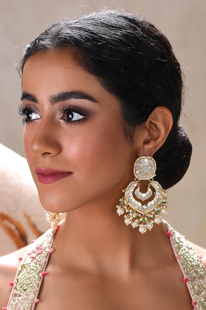 Gold Plated White Pearl Chandbali Earrings by Preeti Mohan at Pernia's Pop Up Shop