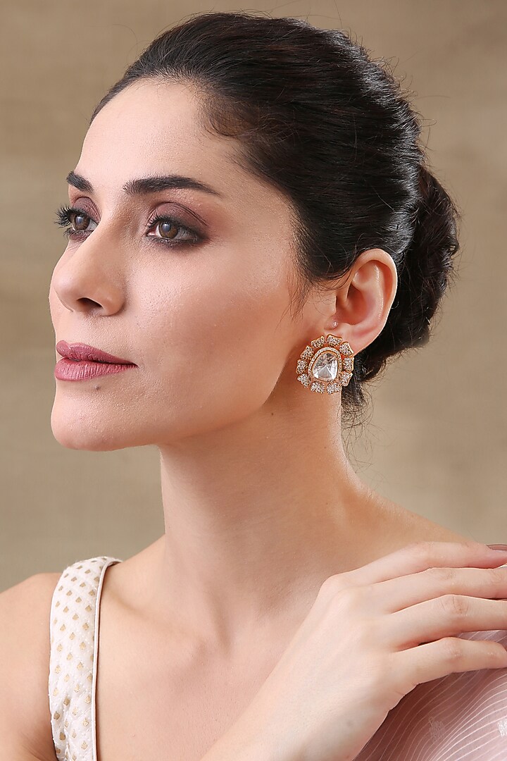 Gold Plated Zircon & Kundan Polki Stud Earrings by Preeti Mohan at Pernia's Pop Up Shop