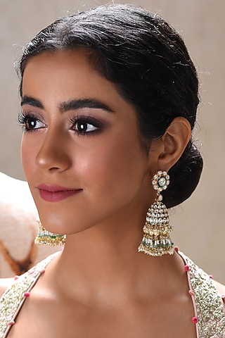Gold Plated Green Onyx & Pearl Jhumka Earrings by Preeti Mohan