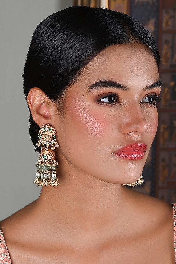 Gold Plated Green Onyx & Pearl Jhumka Earrings by Preeti Mohan at Pernia's Pop Up Shop