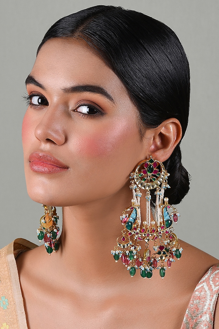 Gold Plated Green Onyx & Pink Pearl Dangler Earrings by Preeti Mohan at Pernia's Pop Up Shop
