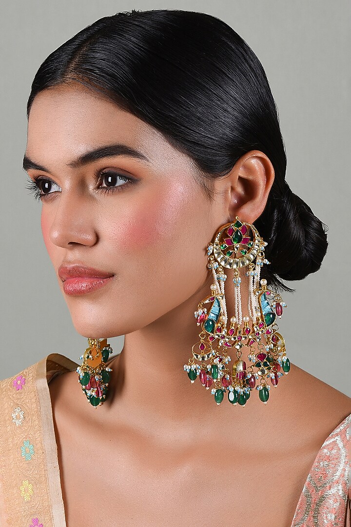 Gold Plated Green Onyx & Pink Pearl Dangler Earrings by Preeti Mohan at Pernia's Pop Up Shop