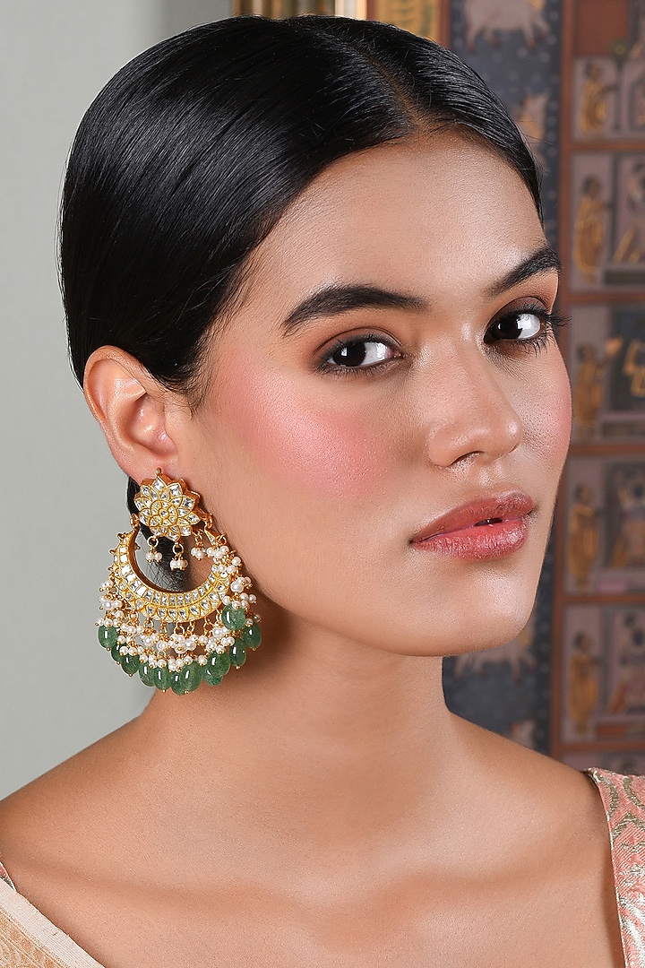 Gold Plated Green Onyx & Pearl Chandbali Earrings by Preeti Mohan at Pernia's Pop Up Shop