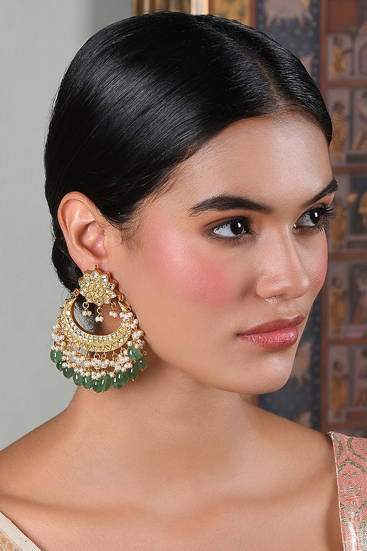 Gold Plated Green Onyx & Pearl Chandbali Earrings by Preeti Mohan at Pernia's Pop Up Shop