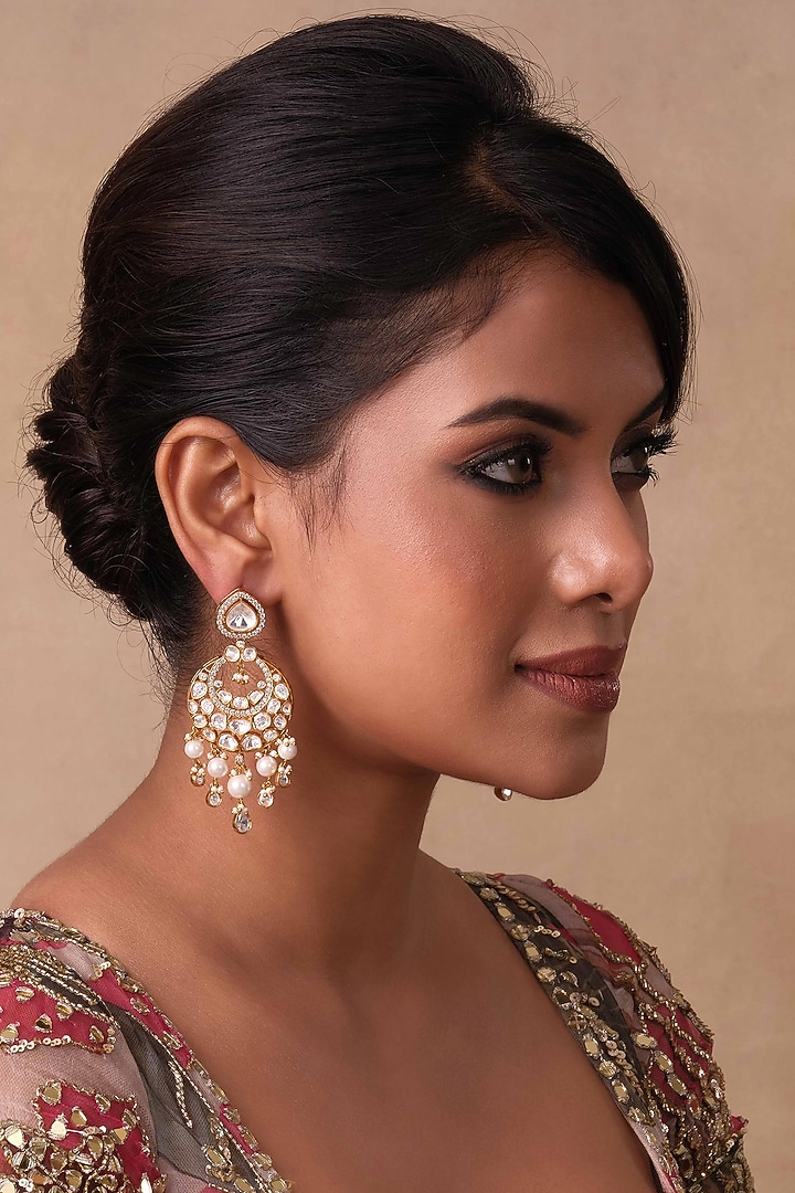 Gold Plated Pearl Chandbali Earrings by Preeti Mohan at Pernia's Pop Up Shop
