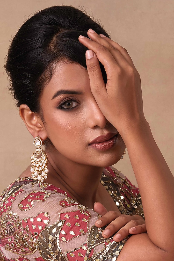 Gold Plated Pearl Chandbali Earrings by Preeti Mohan at Pernia's Pop Up Shop