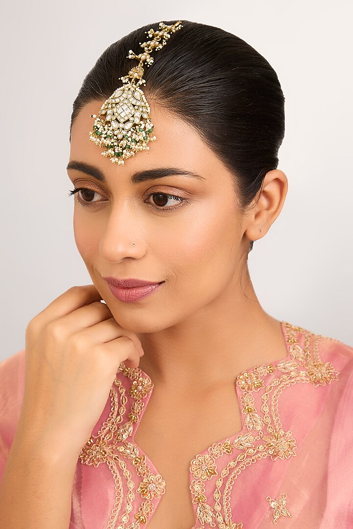 Gold Finish Kundan Polki Maangtikka by Preeti Mohan at Pernia's Pop Up Shop