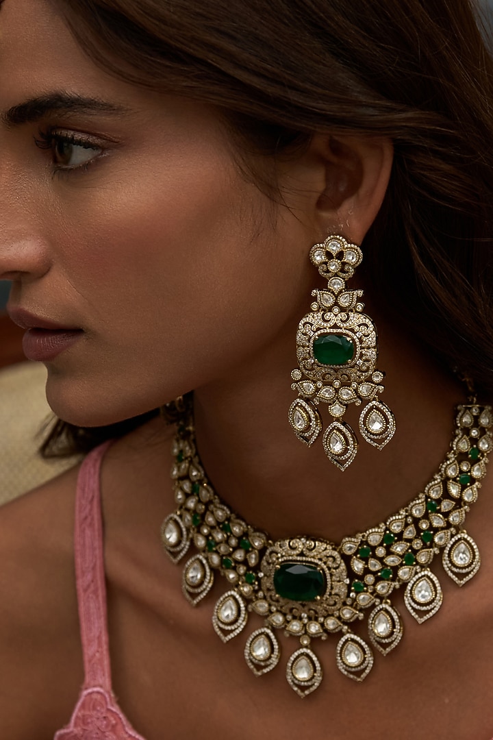 Antique Gold Finish Green Kundan Polki Necklace Set by Preeti Mohan at Pernia's Pop Up Shop