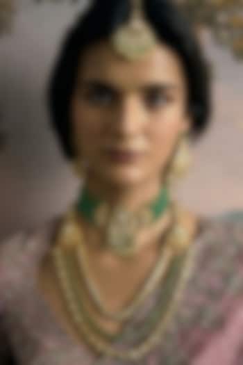 Gold Finish Green Kundan Polki Long Necklace by Preeti Mohan at Pernia's Pop Up Shop