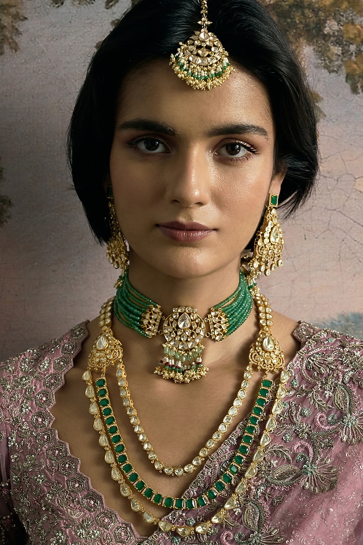 Gold Finish Green Kundan Polki Long Necklace by Preeti Mohan at Pernia's Pop Up Shop