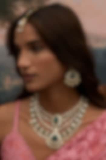 Antique Gold Finish Green Kundan Polki Long Necklace Set by Preeti Mohan at Pernia's Pop Up Shop