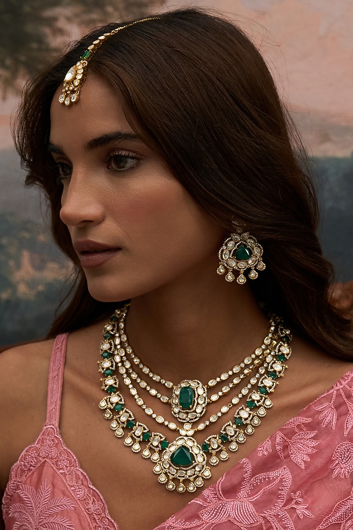 Antique Gold Finish Green Kundan Polki Long Necklace Set by Preeti Mohan at Pernia's Pop Up Shop