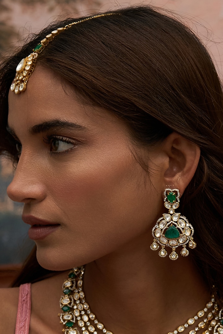 Antique Gold Finish Green Kundan Polki Long Necklace Set by Preeti Mohan at Pernia's Pop Up Shop