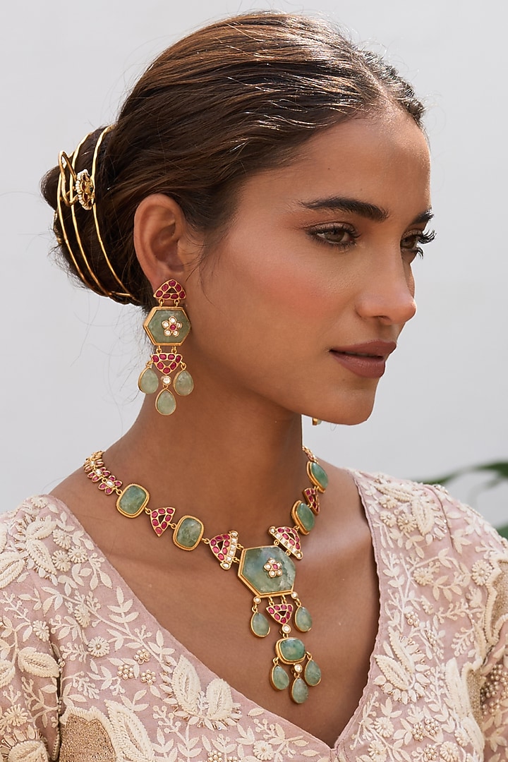 Gold Finish Green Kundan Polki Long Necklace Set by Preeti Mohan at Pernia's Pop Up Shop