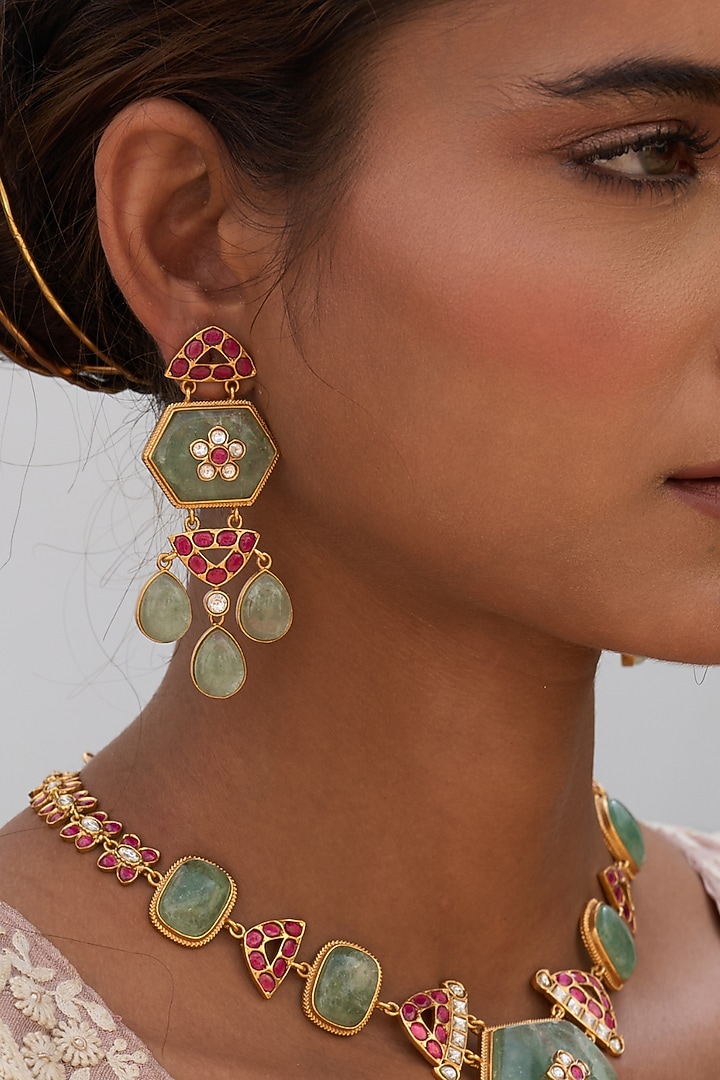 Gold Finish Green Kundan Polki Long Necklace Set by Preeti Mohan at Pernia's Pop Up Shop