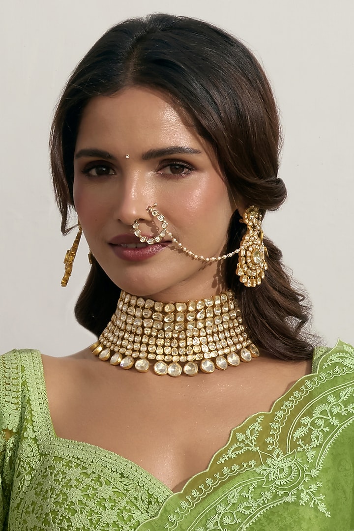 Gold Finish Moissanite Necklace Set by Preeti Mohan at Pernia's Pop Up Shop