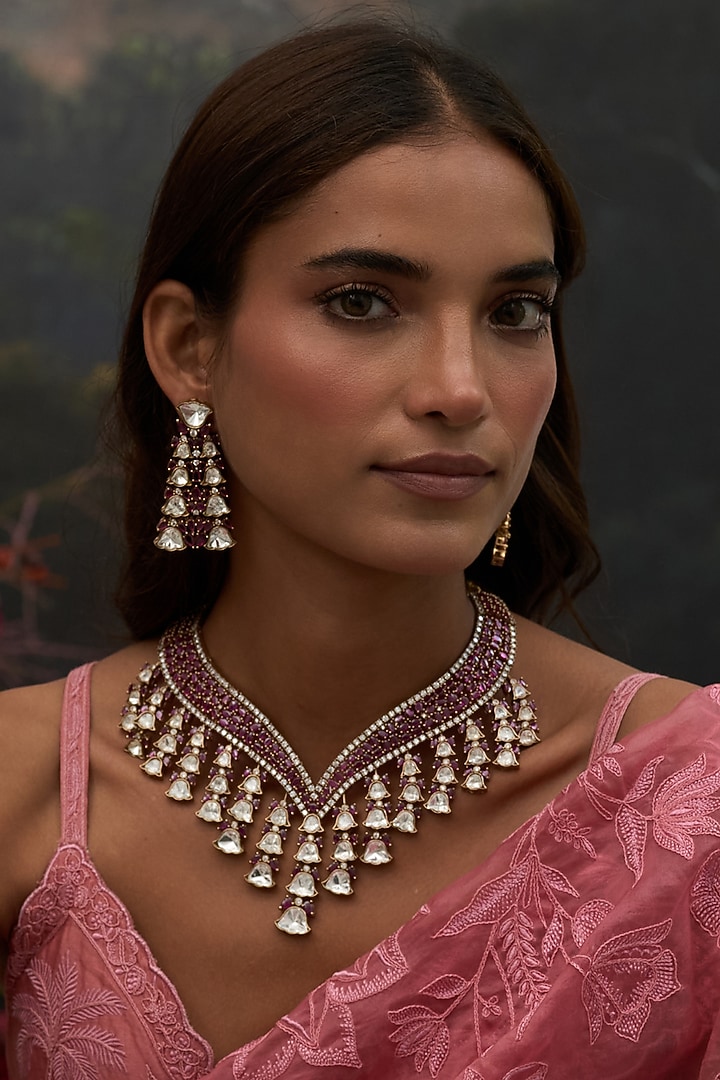 Gold Finish Red Zircon Necklace Set by Preeti Mohan at Pernia's Pop Up Shop