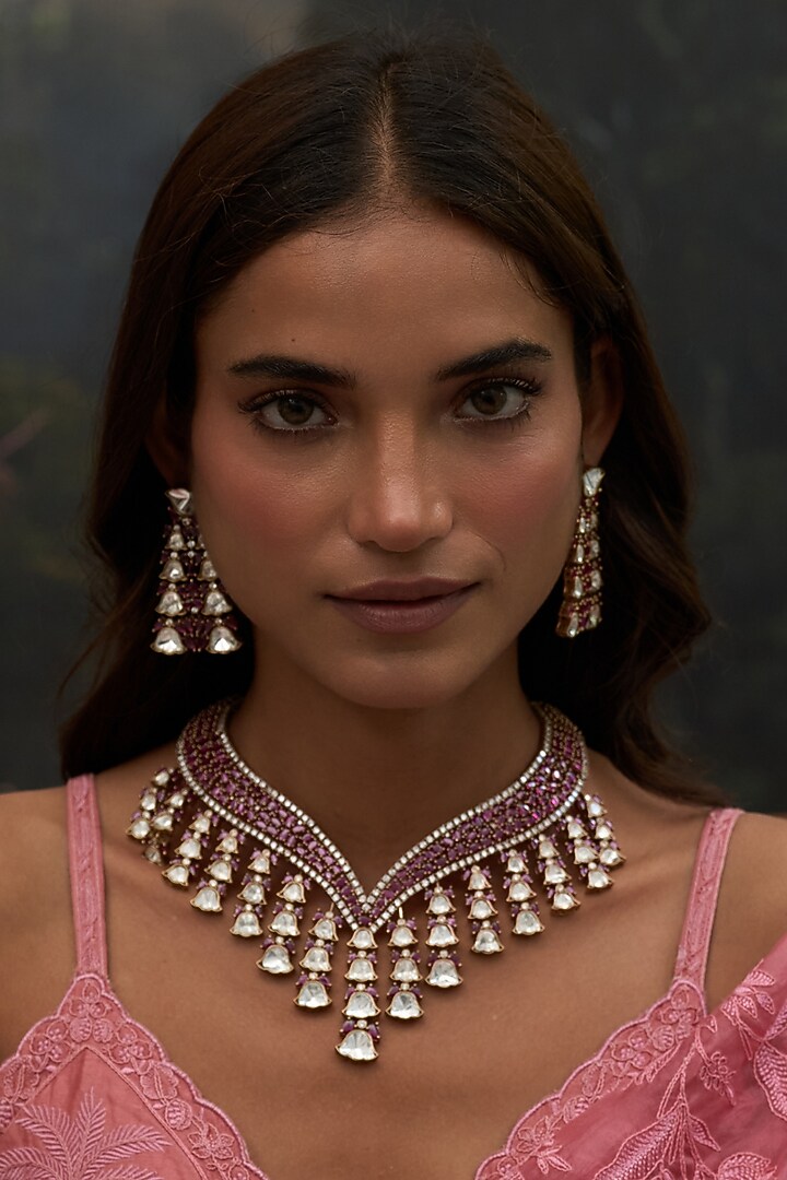 Gold Finish Red Zircon Necklace Set by Preeti Mohan at Pernia's Pop Up Shop