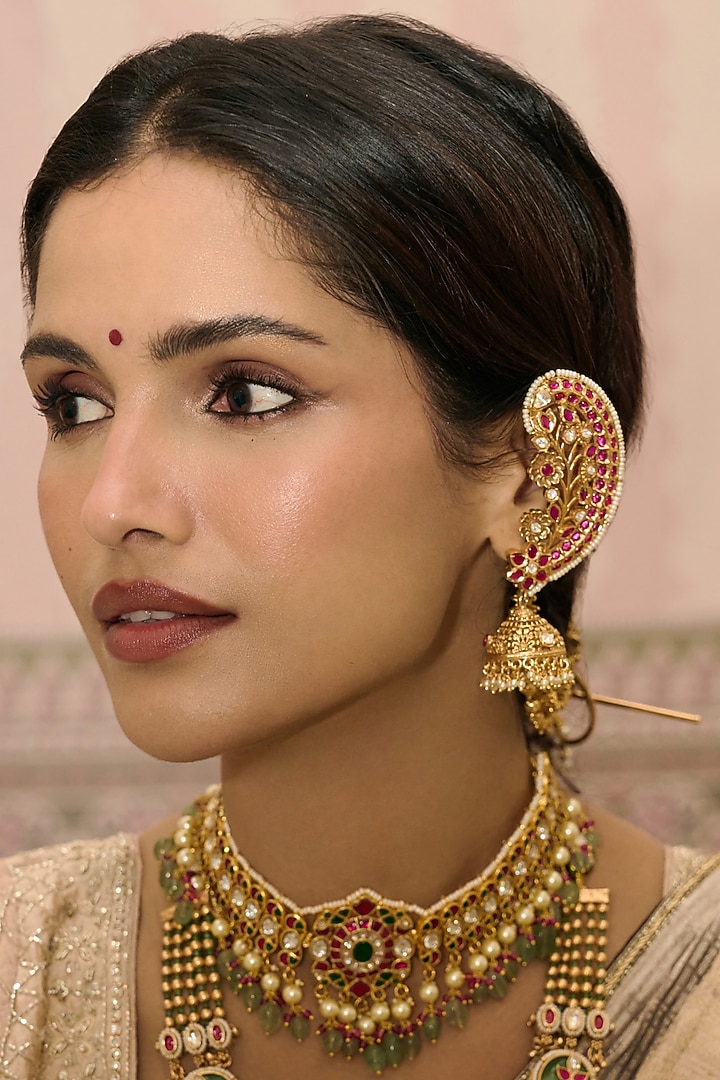 Gold Finish Red & Green Kundan Polki Choker Necklace by Preeti Mohan at Pernia's Pop Up Shop