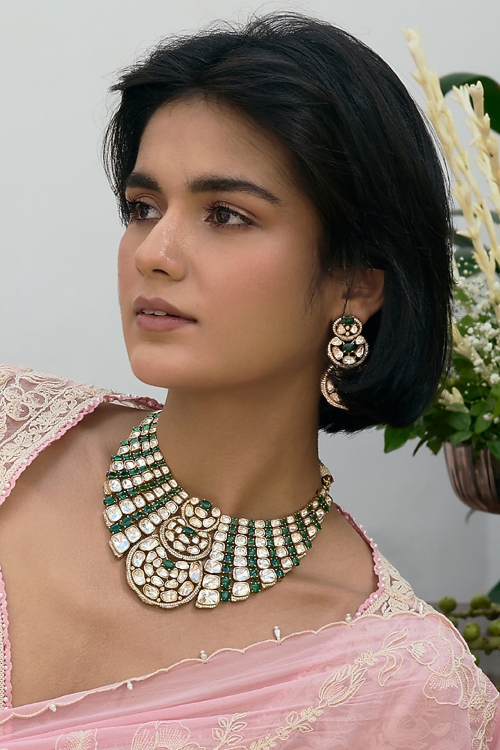 Gold Finish Green Kundan Polki Necklace Set by Preeti Mohan at Pernia's Pop Up Shop