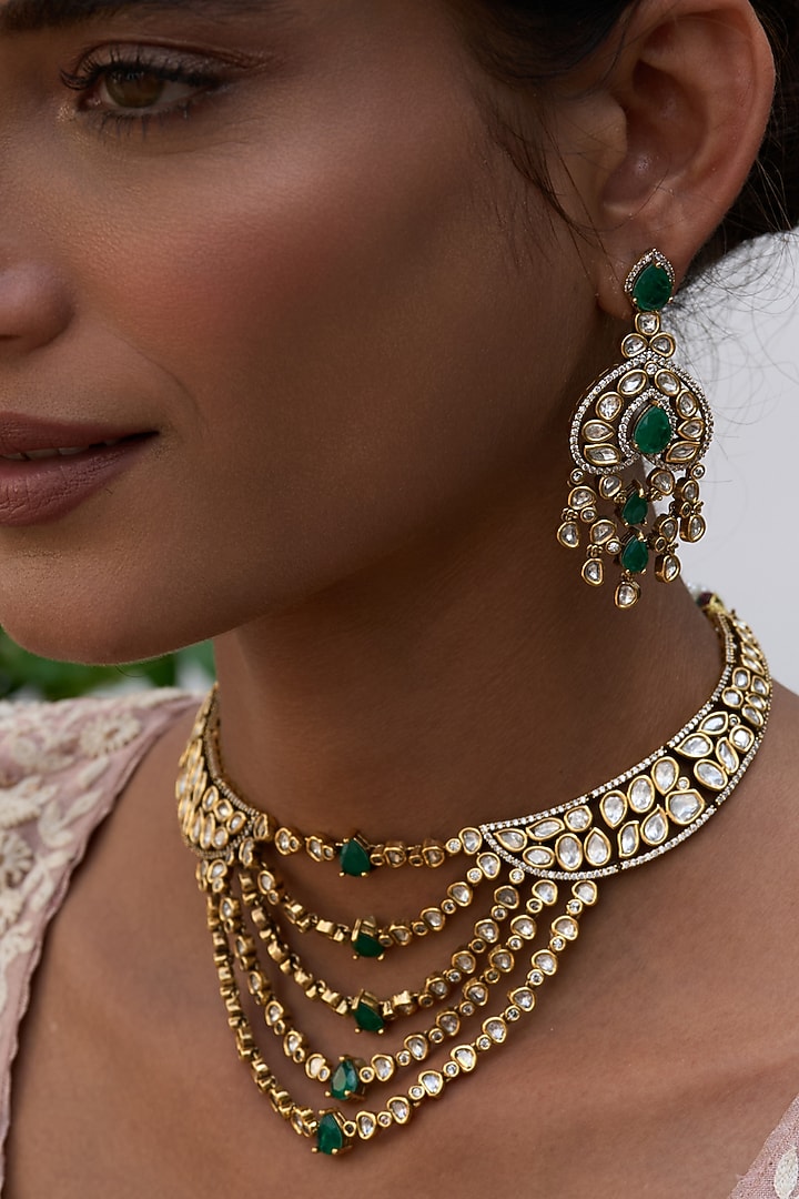 Antique Gold Finish Green Kundan Polki Necklace Set by Preeti Mohan at Pernia's Pop Up Shop