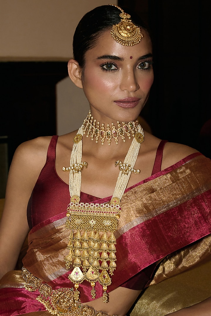 Gold Finish Green Kundan Polki Long Necklace by Preeti Mohan at Pernia's Pop Up Shop
