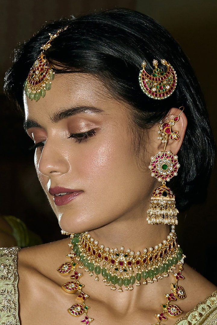 Gold Finish Red & Green Kundan Polki Choker Necklace by Preeti Mohan at Pernia's Pop Up Shop