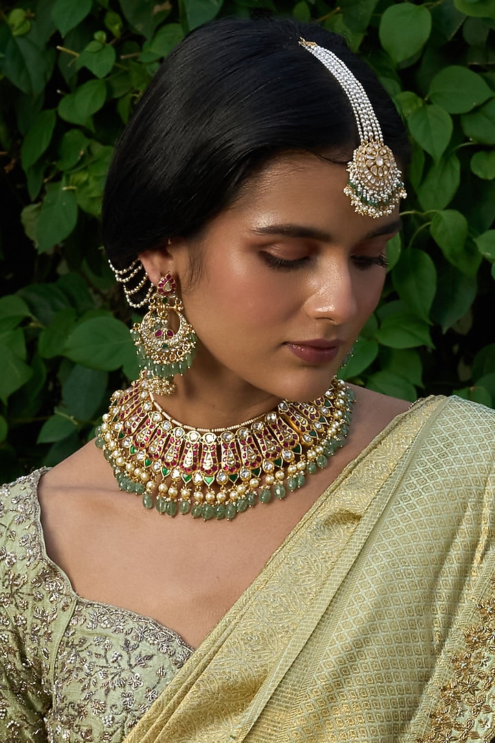 Gold Finish Red & Green Kundan Polki Choker Necklace by Preeti Mohan at Pernia's Pop Up Shop