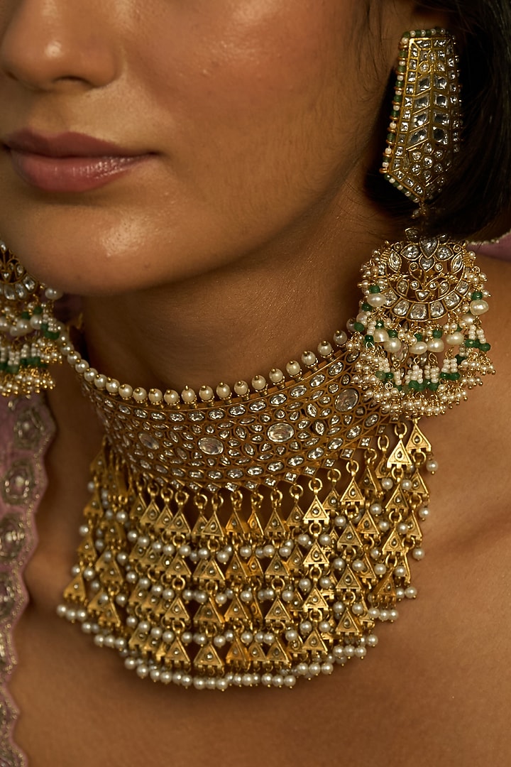 Gold Finish Kundan Polki Choker Necklace by Preeti Mohan at Pernia's Pop Up Shop