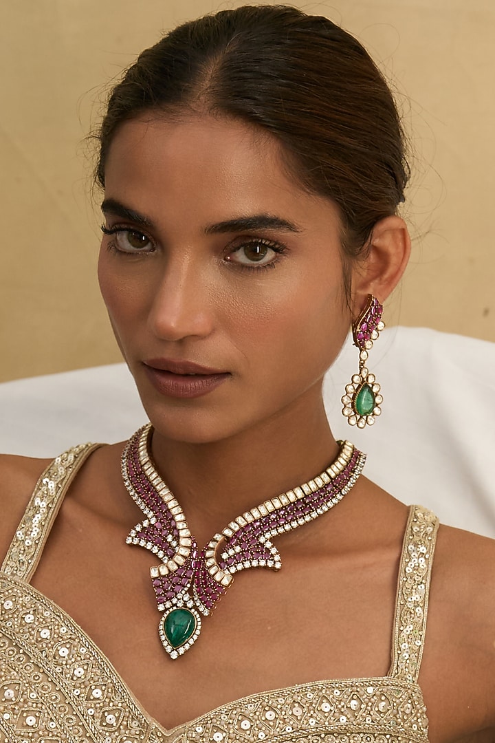 Gold Finish Green Zircon Long Necklace Set by Preeti Mohan at Pernia's Pop Up Shop