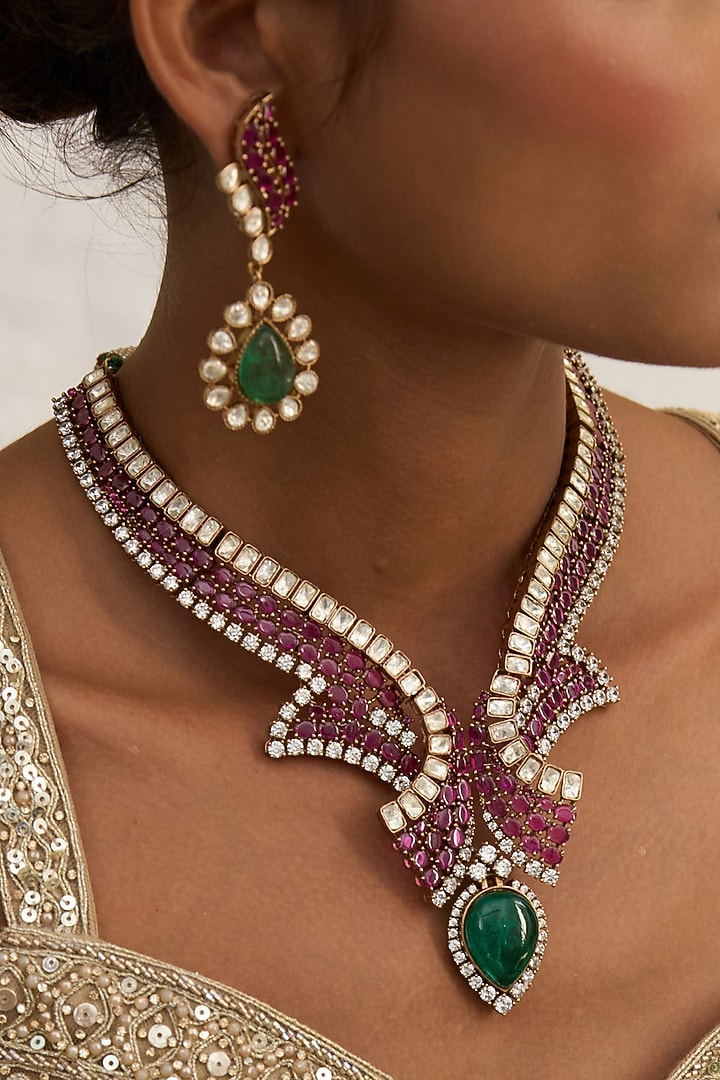 Gold Finish Green Zircon Long Necklace Set by Preeti Mohan at Pernia's Pop Up Shop