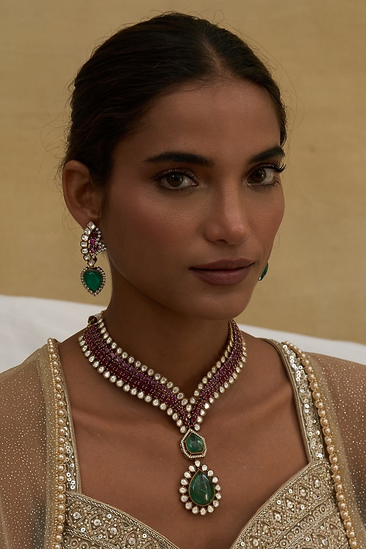 Gold Finish Green Zircon Long Necklace Set by Preeti Mohan at Pernia's Pop Up Shop