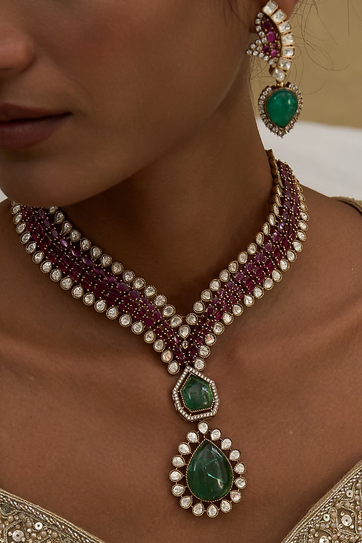 Gold Finish Green Zircon Long Necklace Set by Preeti Mohan at Pernia's Pop Up Shop