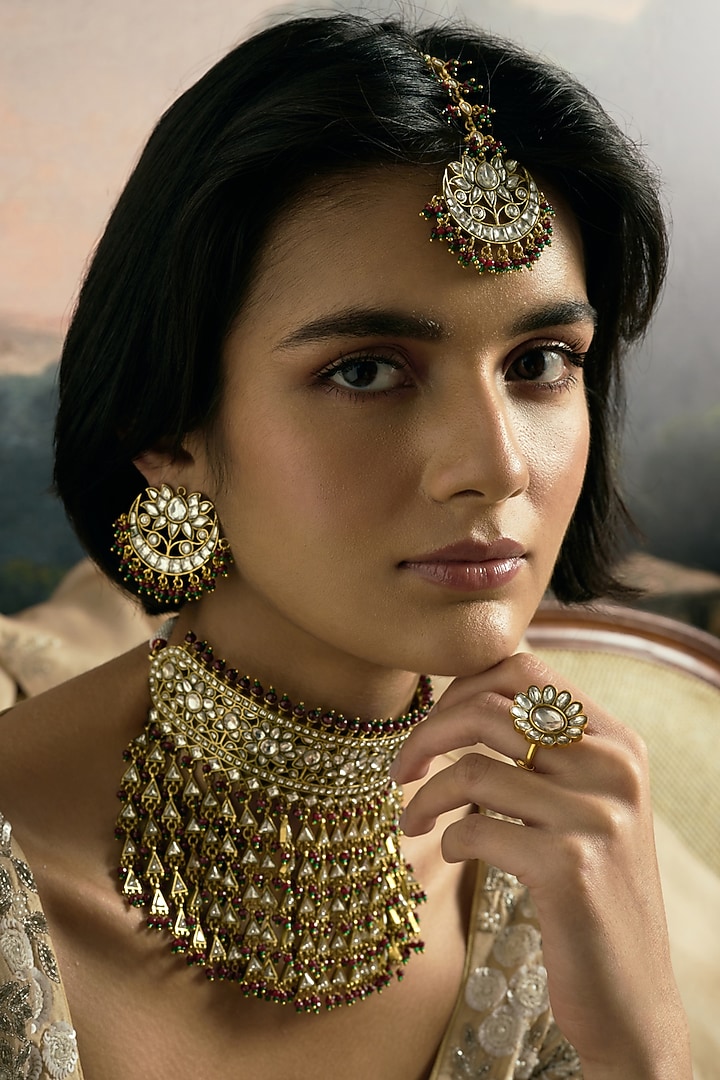 Gold Finish Green Kundan Polki Necklace Set by Preeti Mohan at Pernia's Pop Up Shop