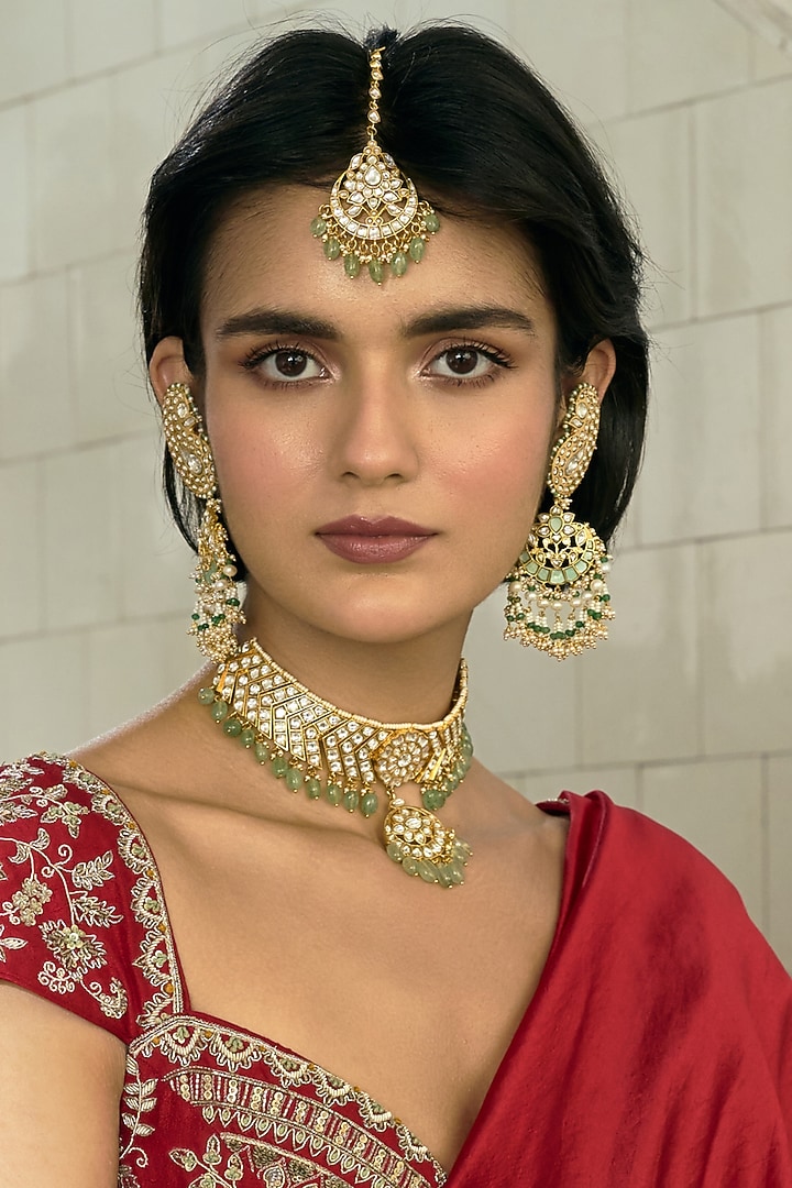 Gold Finish Green Kundan Polki Choker Necklace by Preeti Mohan at Pernia's Pop Up Shop