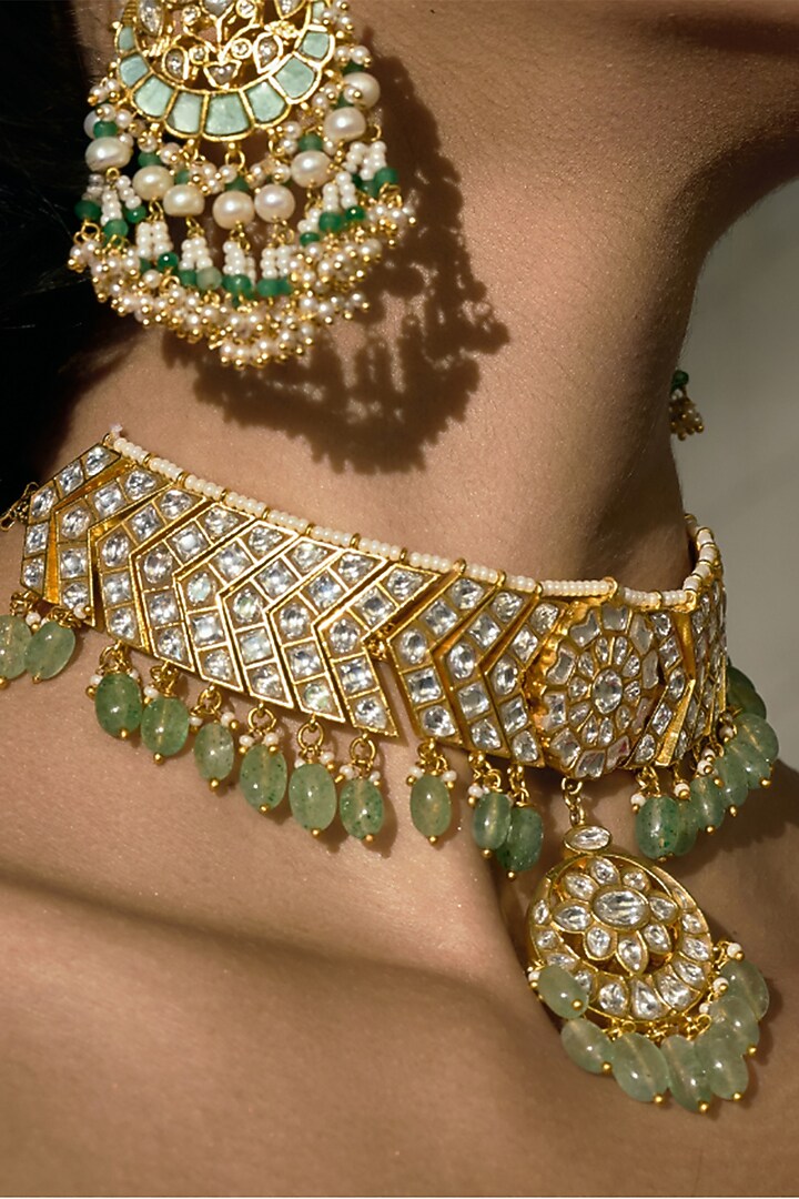 Gold Finish Green Kundan Polki Choker Necklace by Preeti Mohan at Pernia's Pop Up Shop