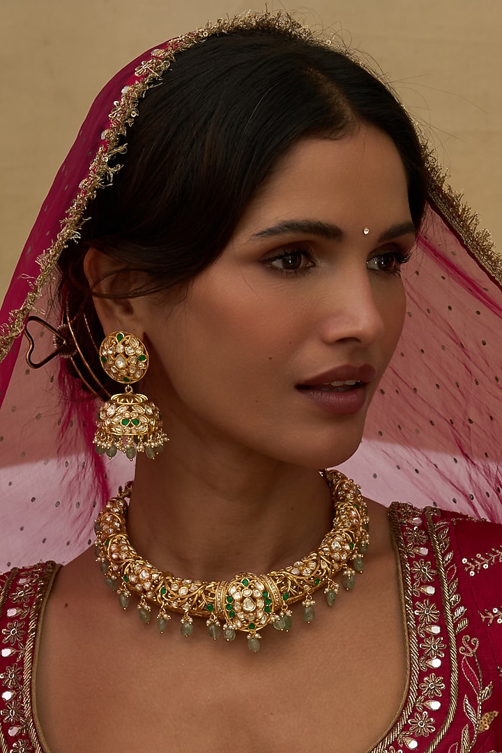 Gold Finish Green Moissanite Hasli Necklace Set by Preeti Mohan at Pernia's Pop Up Shop