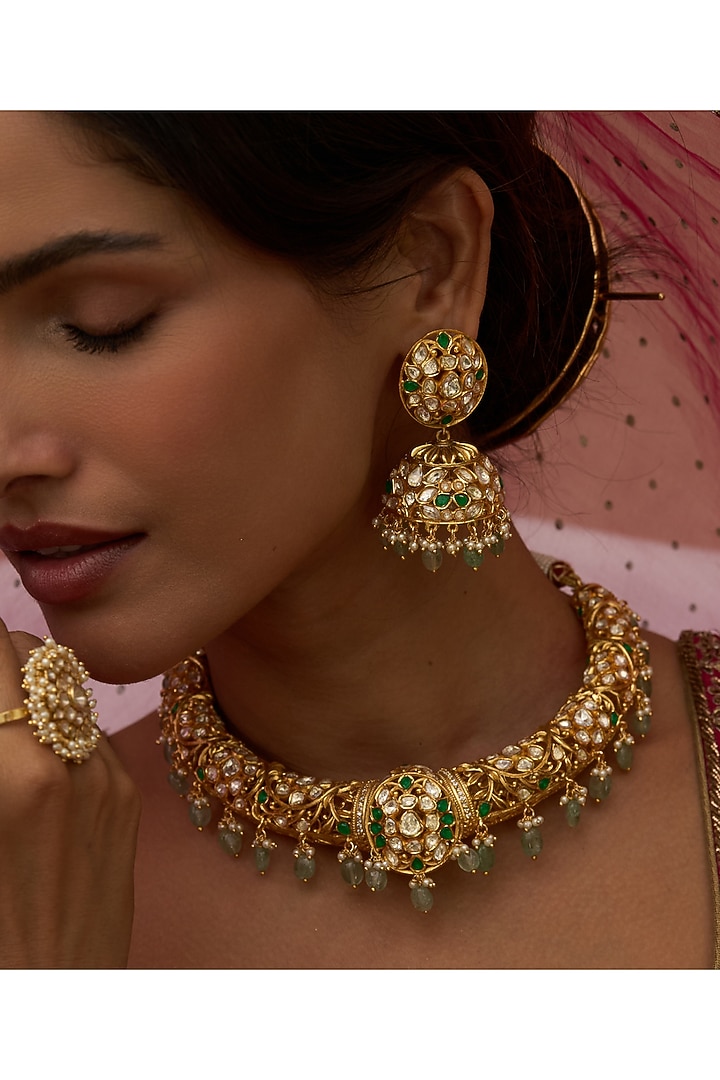 Gold Finish Green Moissanite Hasli Necklace Set by Preeti Mohan at Pernia's Pop Up Shop