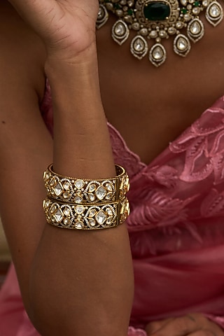 Antique Gold Finish Kundan Polki Bangles (Set Of 2) by Preeti Mohan