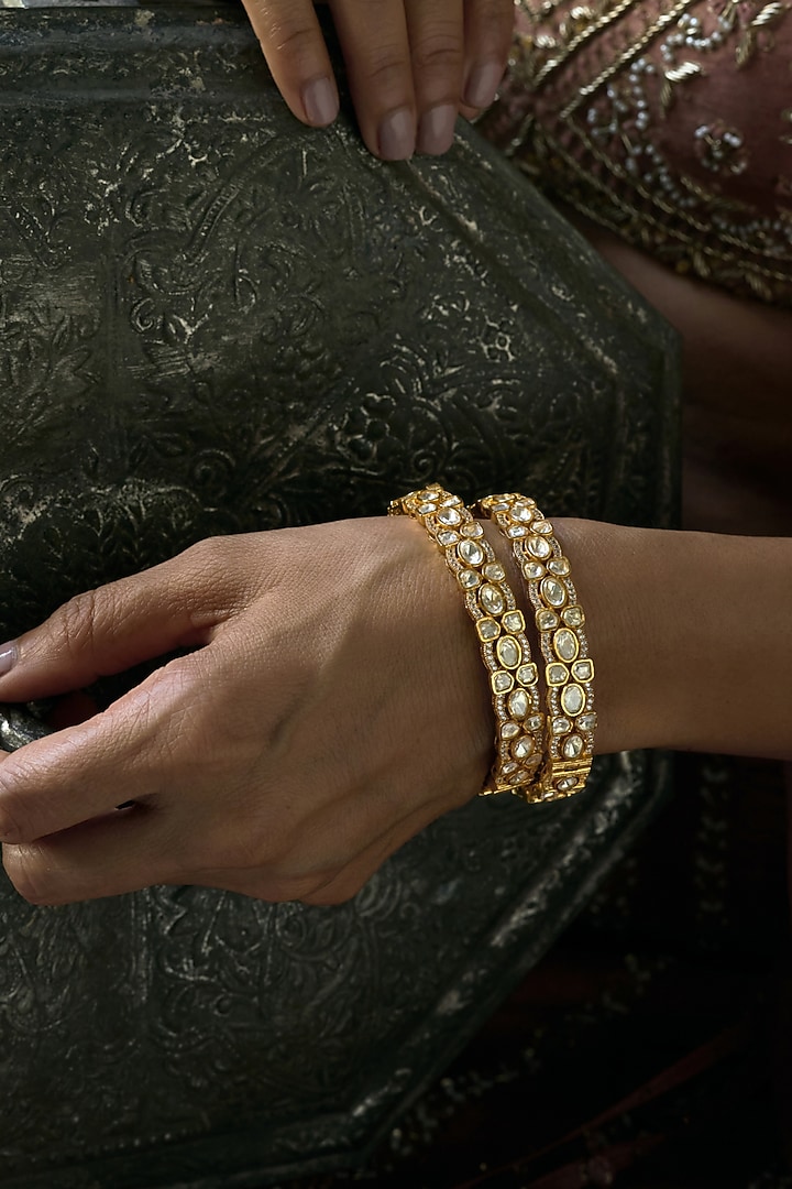 Gold Finish Moissanite Polki Bangles (Set Of 2) by Preeti Mohan at Pernia's Pop Up Shop
