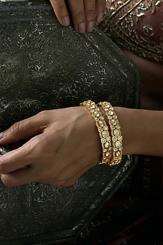 Gold Finish Moissanite Polki Bangles (Set Of 2) by Preeti Mohan
