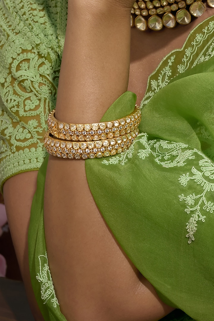 Gold Finish Moissanite Polki Bangles (Set Of 2) by Preeti Mohan at Pernia's Pop Up Shop